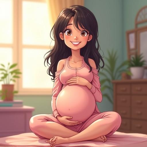 Cartoon character is cheerful and pregnant. Indoor setting is light and casual. The character wears sleepwear. Art style has similarities to Dragon Ball. Image in 4k and HDR.