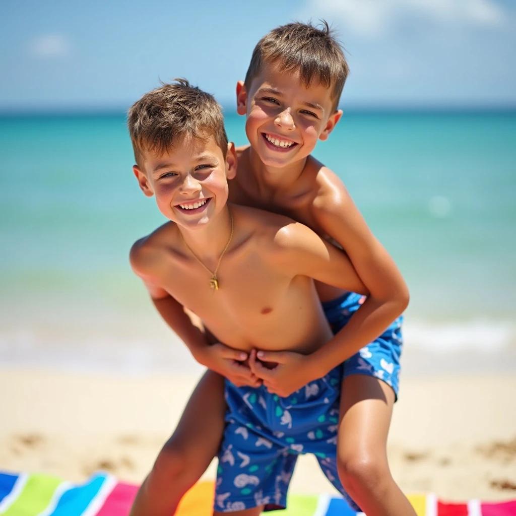 Portrait of two boys wearing swimsuits standing on a beach. One boy gives a piggyback ride to another boy. They are smiling at the camera while on a colorful towel.