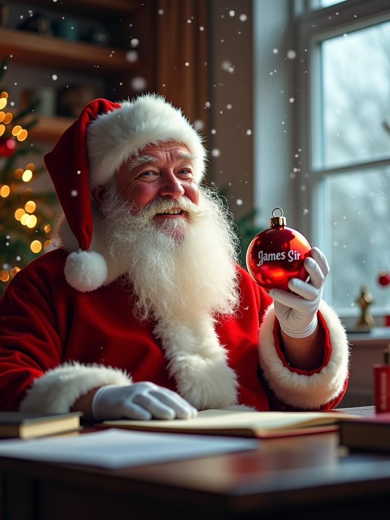 Image of Santa Claus seated at a desk in a decorated room. Santa holds a red Christmas bauble with the name 'James Sir'. Snow falls outside the window. The scene is warm and inviting with holiday decorations.