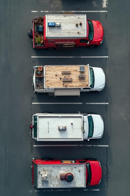 Aerial view showing a parking lot of food trucks parked horizontally in defined spots. Trucks have various designs and colors.