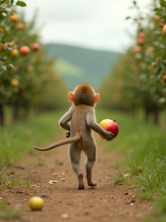 Highly realistic scene in an apple orchard. Young monkey running away. Holding a red and yellow apple in right hand. Light brown fur with lighter beige patch on back of head. Pink ears visible from behind. Long tail in motion. Legs in running pose. Camera angle from behind and slightly low. Dirt path between rows of apple trees. Trees full of green leaves and ripe apples. Distant green hills and lightly clouded sky.