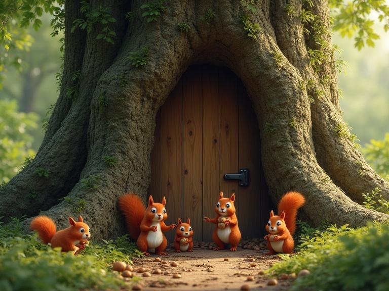 A giant tree has a wooden door at its base. Red squirrels stand beside the door, each holding acorns. Soft green leaves frame the scene.