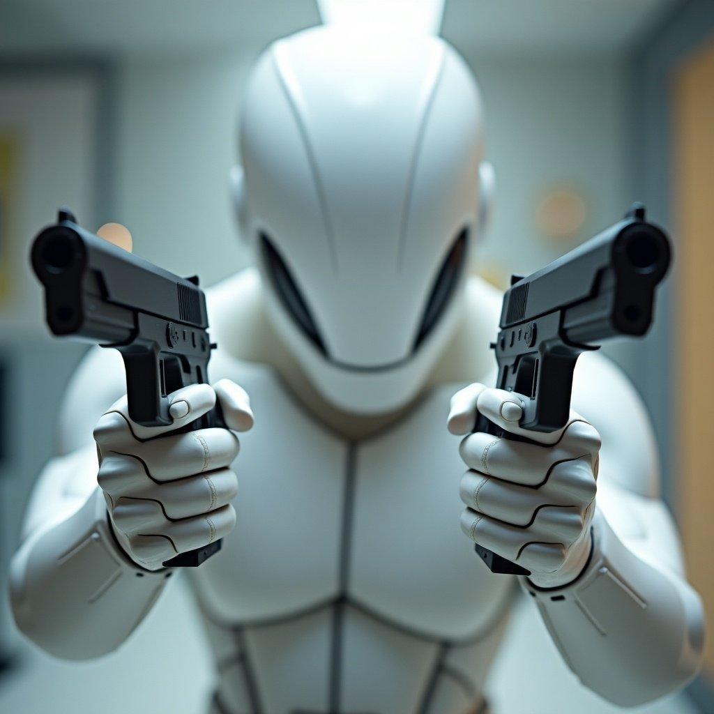 Close-up view of a white humanoid character holding two pistols