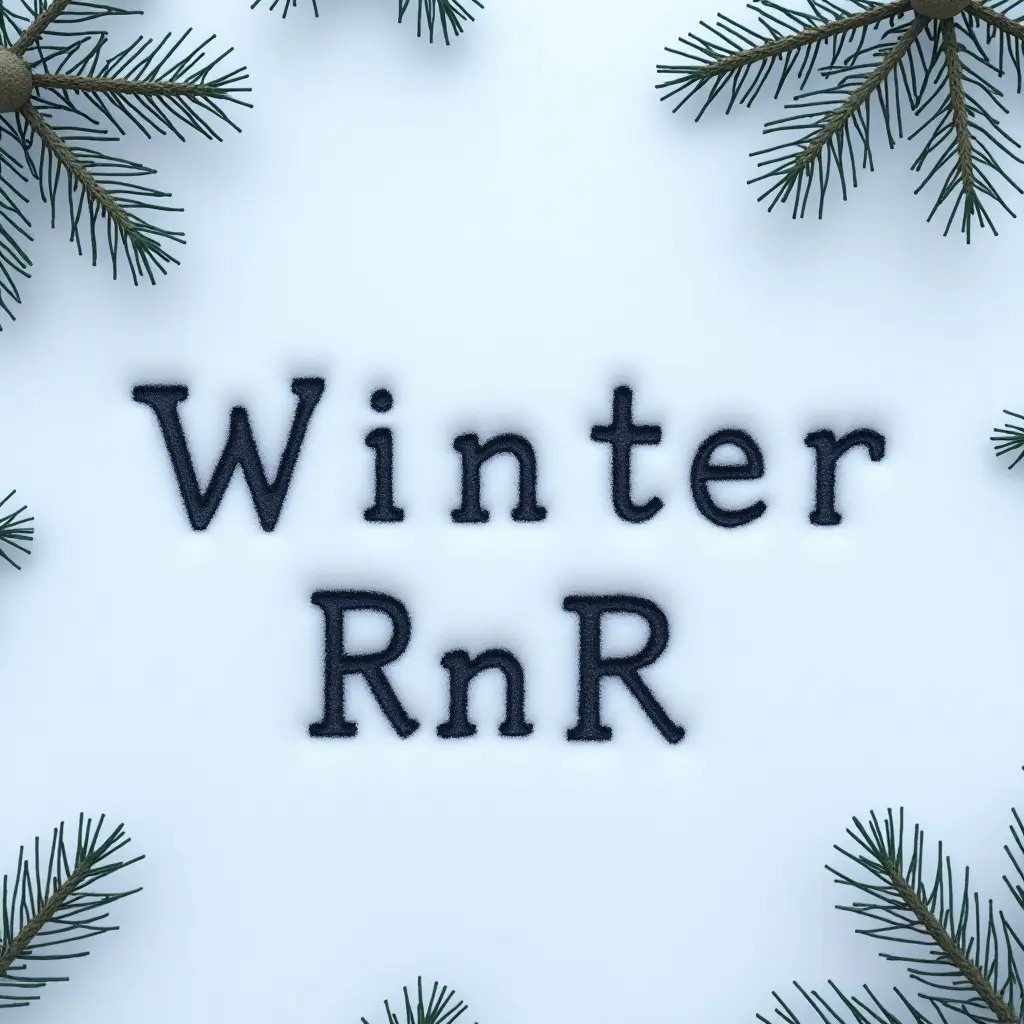 Image shows snow with the words Winter RnR written on it. Surrounding the text are winter-themed elements such as snowflakes and greenery.