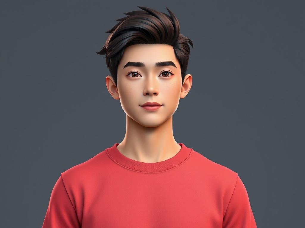 A digital illustration of a young person with stylized features wearing a red sweater against a gray background.