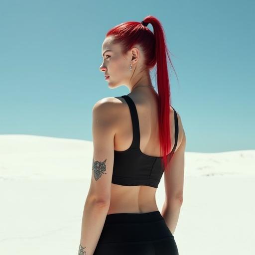 Realistic image of a young fit slim pale woman with a long nose. She has a slick back dark red punk ponytail with a small hair strand covering her face. There is a piercing on her eyebrow and a small tattoo on her arm. She wears a black tank top and tight spandex pants. Bright white desert ground is in the background, under a blue sky. The composition features shadows and textures.