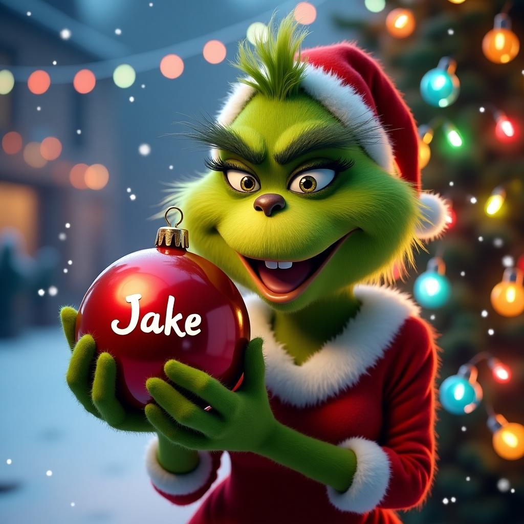 Grinch character in festive clothing holds a red bauble with the name Jake. Snowy landscape features colorful Christmas lights in the background. Cheerful and vibrant atmosphere.