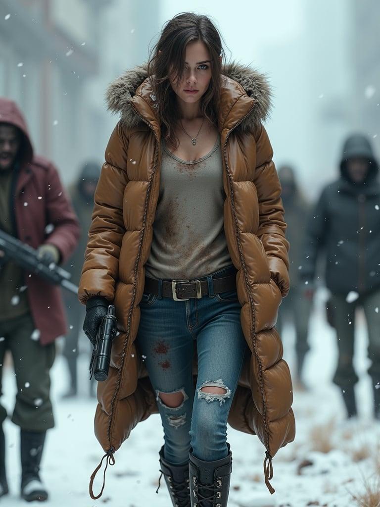 Alice character from survival horror. Wearing a long shiny brown puffer down jacket. Carrying a gun. Surrounded by zombies. Snowy setting. Clothing is dirty and damaged. Jacket is torn with stuffing visible. Wearing jeans and army boots.