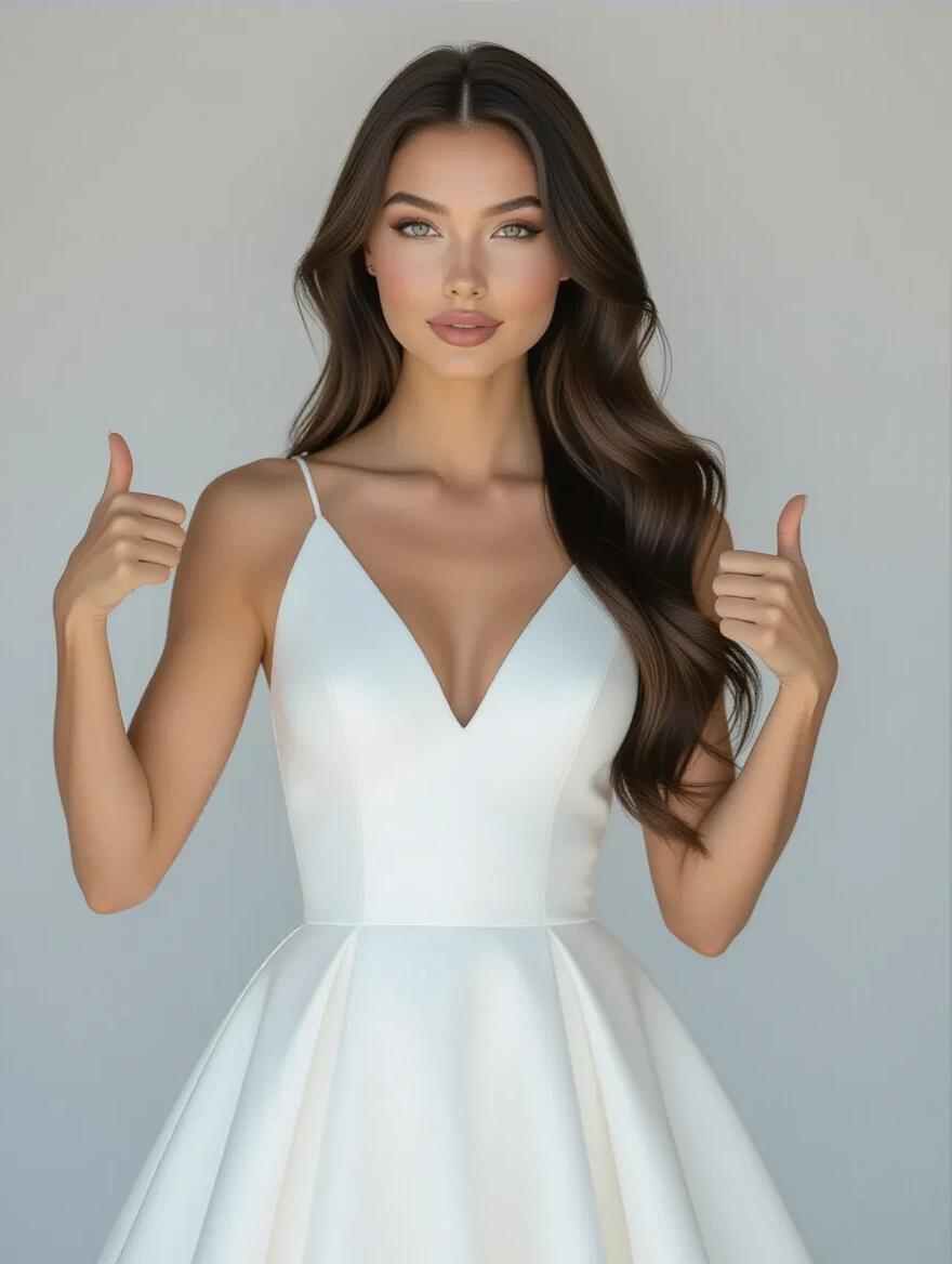 Elegant young woman dressed in a white gown posing with thumbs up. Long glossy raven hair with blue undertones. High cheekbones and prominent lips. Displaying confidence in a ballet dancer posture.