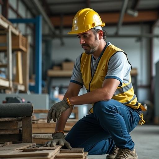 A man wearing a safety vest and helmet kneels over wooden planks in a workshop. He is focused on his task and surrounded by tools and materials in an industrial setting.