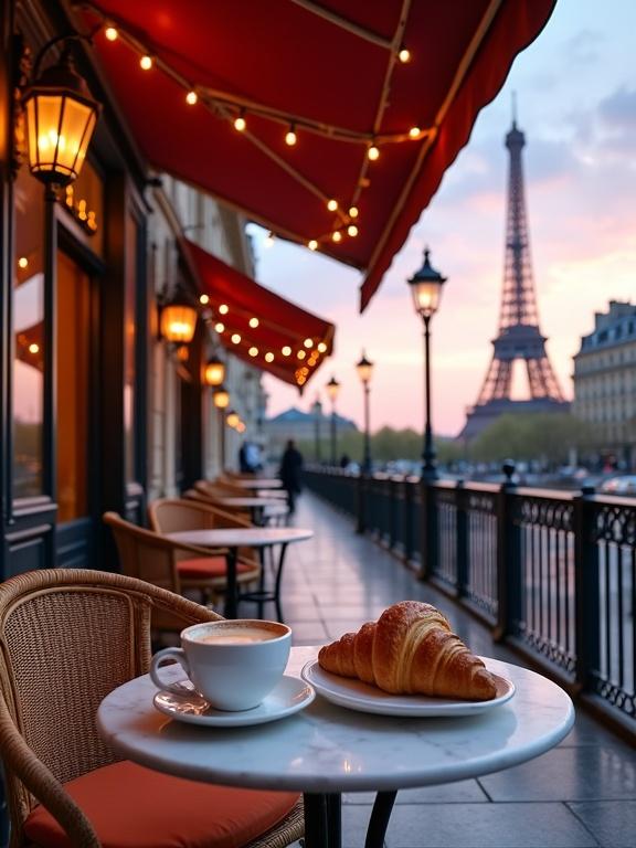 The image depicts an outdoor café scene in Paris with the Eiffel Tower in the background during sunrise or sunset. The café area features a covered outdoor seating area with a dark wooden frame and a deep red awning. There are small round tables with white marble tops and wicker chairs. On one table, there is a white cup of coffee and two golden-brown croissants. The ground is paved in gray tiles, with warm light from string lights and streetlamps.Bright interiors and traditional Parisian architecture add to the charming scene.