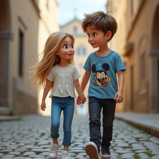 Two animated children walk hand in hand on a cobblestone street. One girl has long blonde hair and pale blue eyes, dressed in white top and blue jeans. A boy with straight brown hair and green eyes wears a blue Mickey Mouse shirt and black pants. They smile at each other, with an old church in the background.