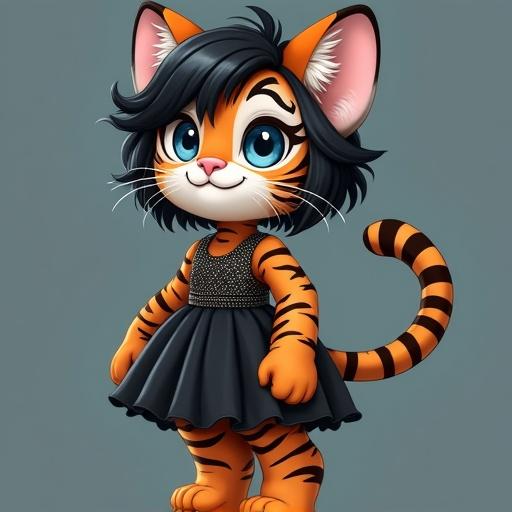 A cute girl with mixed features of a tiger. The character has black hair and blue eyes. She is wearing an elegant black dress. The character has a furry face with tiger stripes, furry legs and furry arms.