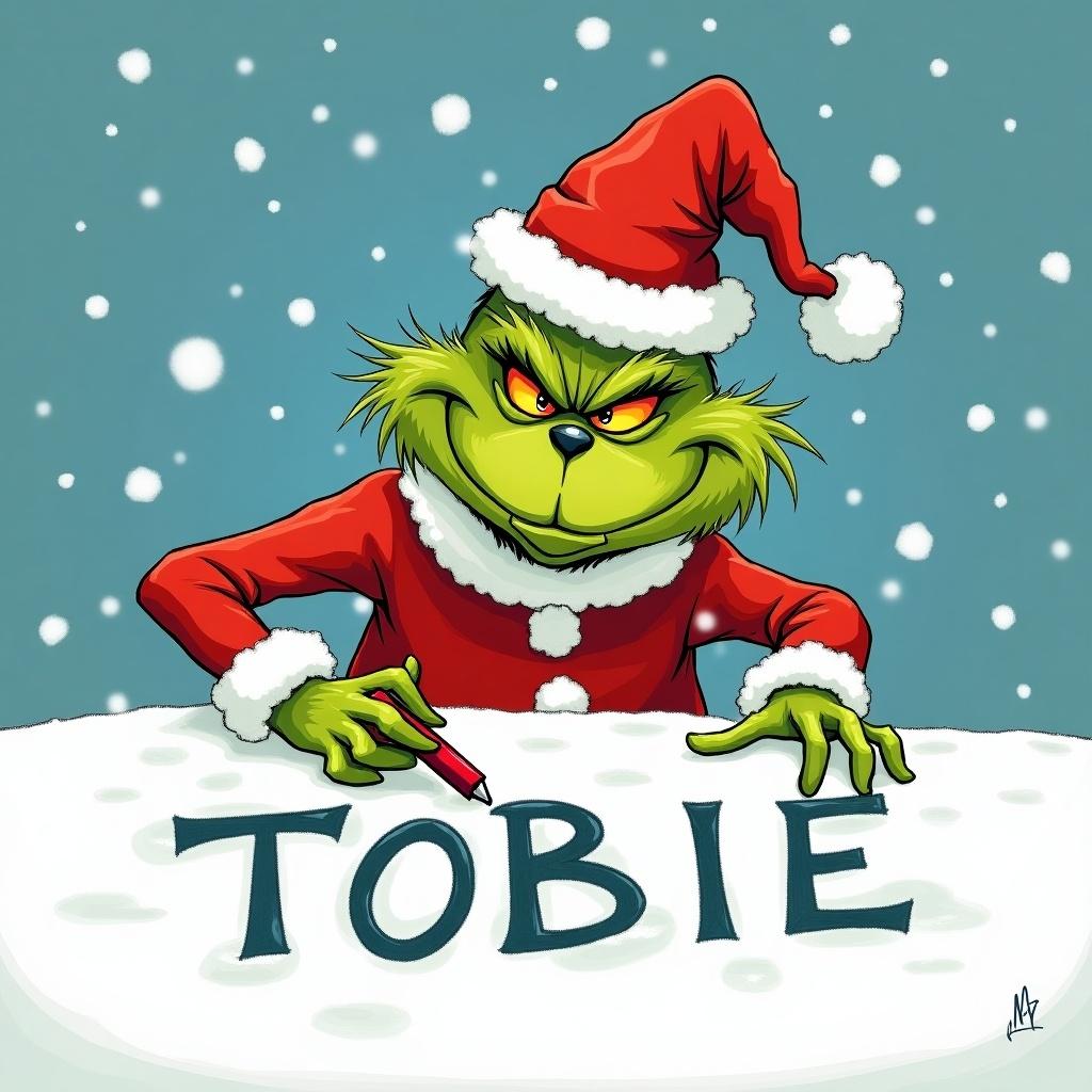 The image features the Grinch, a famous character from Dr. Seuss’s beloved story. He is depicted with a mischievous expression, in a traditional Santa hat and red coat. The whimsical character is writing the name 'TOBIE' in the fresh snow, emphasizing a playful and festive spirit. Snowflakes are falling gently in the background, creating a magical holiday atmosphere. This vibrant illustration highlights the Grinch's iconic green color, contrasting against the bright red of his attire and the white snow.