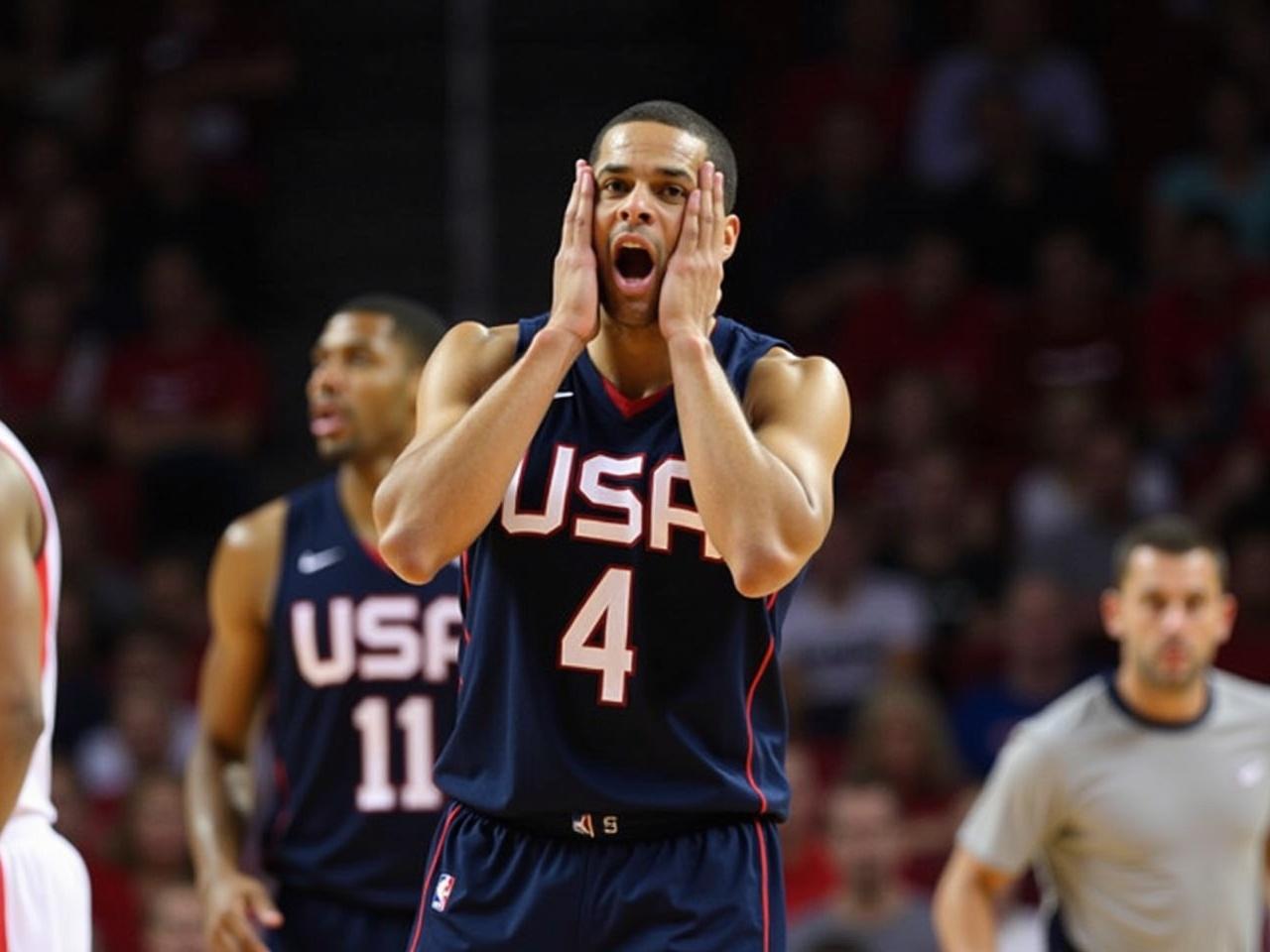 The image shows a basketball player on the court, wearing a dark blue jersey with 'USA' written on it and the number '4.' The player appears to be celebrating or reacting passionately during a game, with both hands on his face. The background suggests a lively atmosphere, with spectators visible, capturing the excitement of a basketball match. There are additional players in the background, adding to the dynamic scene. The player is focused, possibly after a significant play or moment in the game.