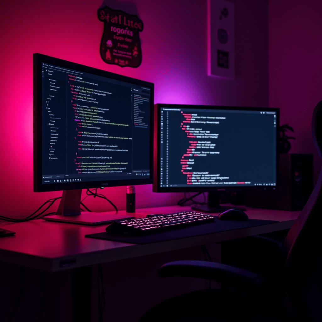 The image features a dual-monitor setup in a dimly lit room, illuminated by vibrant pink and purple lighting. The left monitor displays a text editor with lines of code, highlighting keywords and syntax in various colors, typical of a development environment. The right monitor shows additional lines of code, also in a text editor, but with a different structure, possibly JSON or a similar format. Below the monitors, there's a keyboard with backlit keys, matching the ambient lighting. The desk is tidy, with minimal objects besides the monitors, keyboard, and a gaming mouse, suggesting a modern and focused workspace. The wall has some decorative elements, possibly motivational or themed posters, adding to the personal touch of the setup.