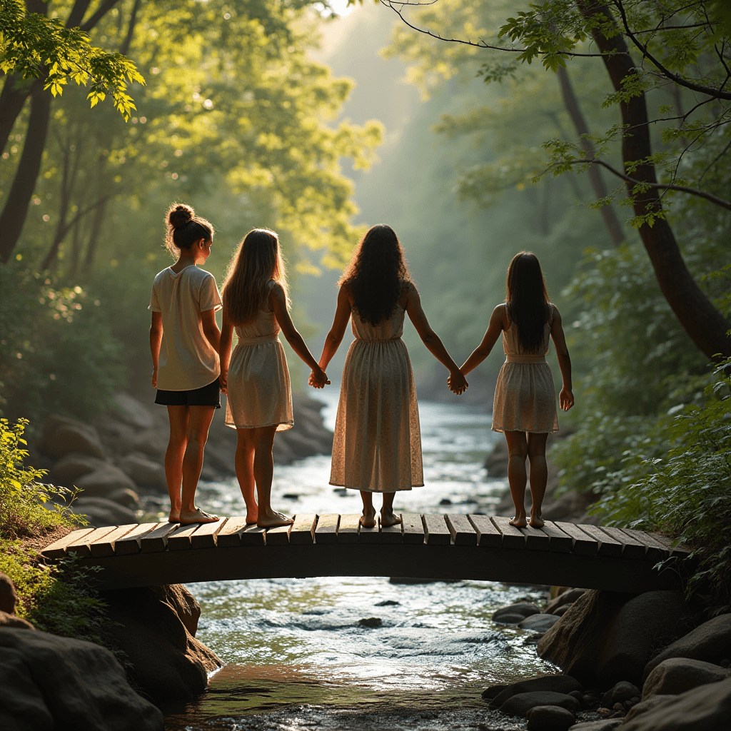 Four people holding hands on a bridge over a serene stream, surrounded by lush green forest.