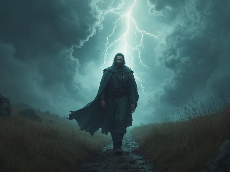 Enoch walks through a stormy landscape with determination. A divine light protects him. Realistic style. Dramatic lighting. 9:16 aspect ratio.