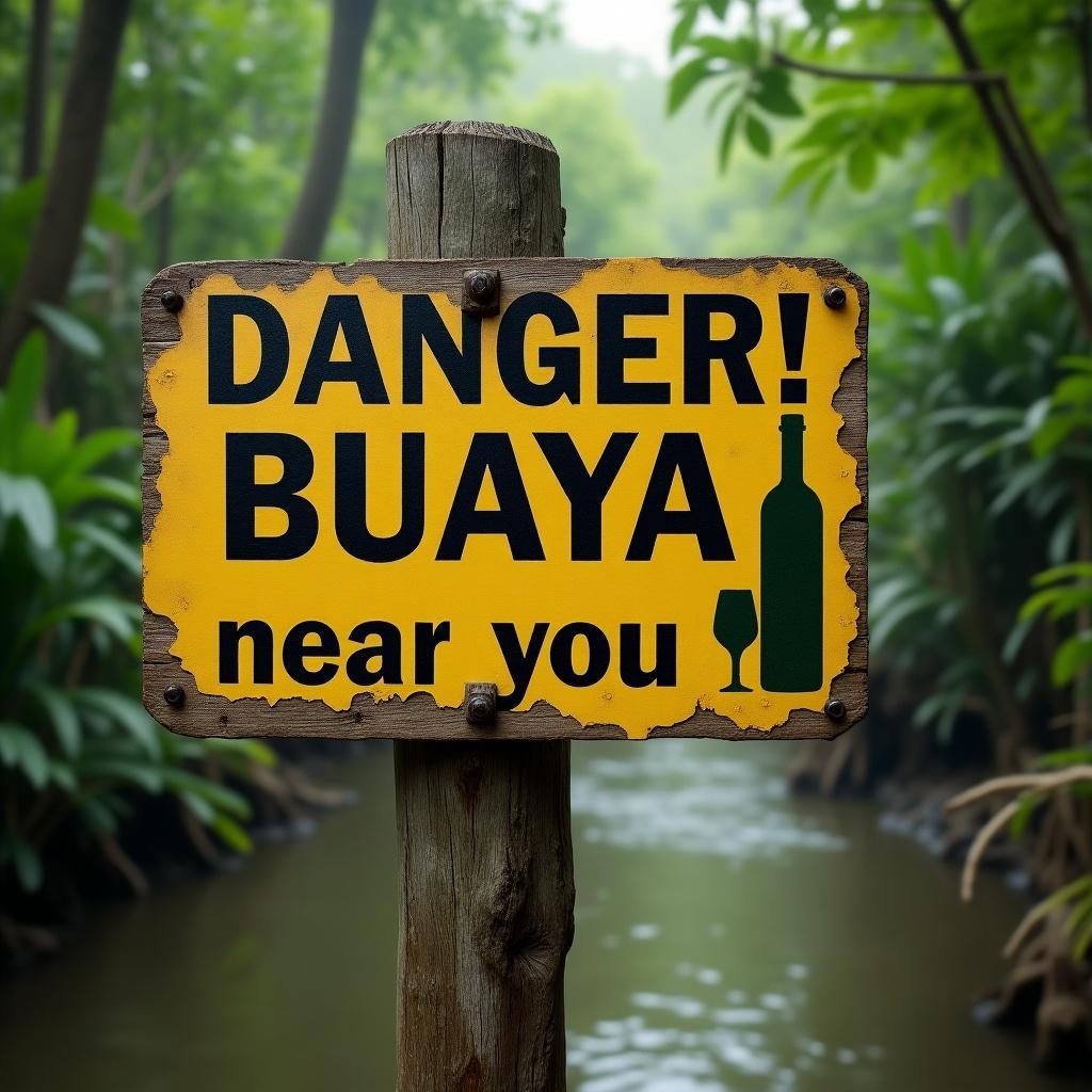 Weathered wooden sign on a rough post in a natural setting. Sign reads "DANGER! BUAYA near you!" with an image of a dark green bottle. Background features blurred green foliage, calm water. Soft daylight creates an ominous yet natural atmosphere. Close-up view with textures highlighted.