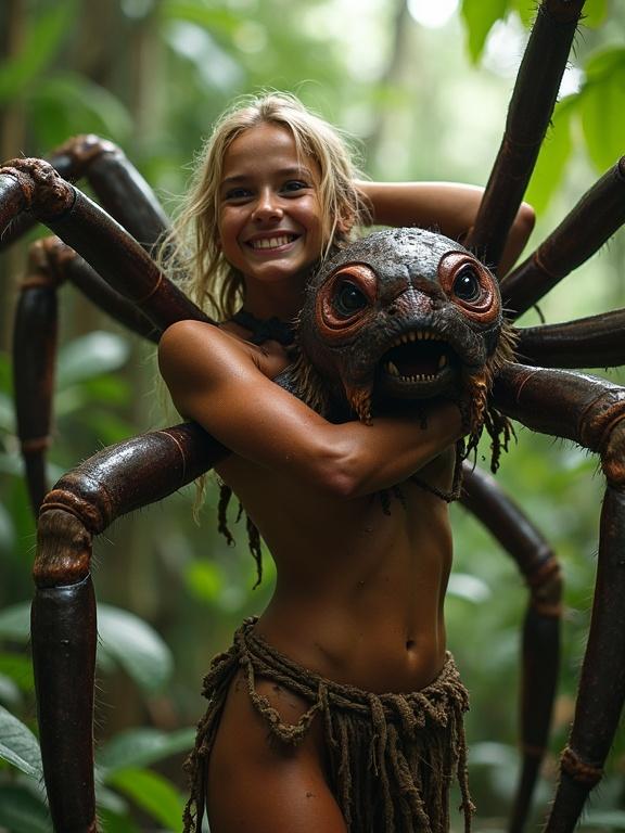 Tanned beautiful joyful girl in a tribal outfit hugging a large spider monster in a rainforest. She has blonde hair and a joyful expression. The scene shows rainforest foliage and characters interacting closely.