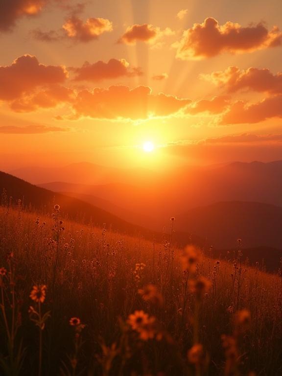 A glorious sunrise scene featuring a sun rising over mountains. The landscape is filled with wildflowers and tall grass. The atmosphere conveys fullness and peace. The scene is hyper-realistic and captured in natural light. Details of the clouds and rays are pronounced.