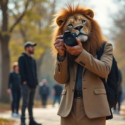 A lion dressed in a suit is holding a camera. The lion is taking pictures of break dancers in a park. The scene captures a photo-realistic style.