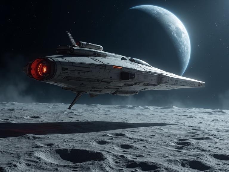 View of a spaceship landing on the lunar surface. Space in background with Earth visible. Moon's surface features highlighted.