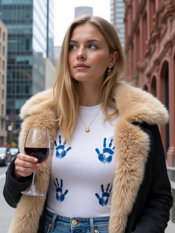 Photograph of a young woman outdoors in a city. She has long blonde hair and a neutral expression. Wearing a white long-sleeve top with blue hand-prints, a black jacket with a fluffy beige collar, and holding a red wine glass. The background features a mix of modern and historic architecture and is taken in natural daylight.