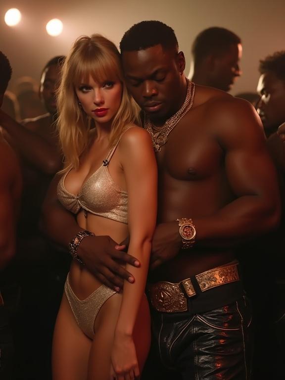 A nightclub music video scene featuring a couple. The woman has blonde bangs and long twintails, wearing a small white bikini top and a gold miniskirt. The man is a large black rapper. They are close together. Other men are nearby. Recording elements visible.