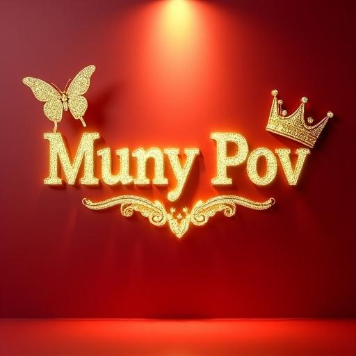 3D rendering of the name Muny Pov in golden letters against a red background. Letters decorated with diamonds. A golden crown is on the right side. A golden butterfly hovers on the left. An illuminated emblem is beneath the name. Scene is lit from above.