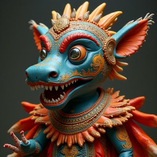 A colorful dragon-like creature with vibrant features and accessories. It has its tongue sticking out. Exaggerated expressions and intricate designs on the body.