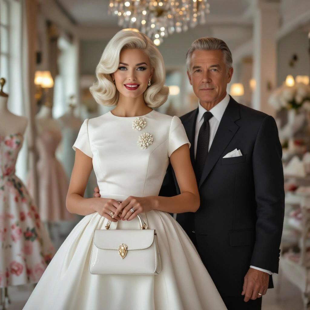 Stunning portrait of 1960s woman with platinum blonde hair wearing dress with petticoats carrying white purse. Older man in suit stands beside her. Elegant dress boutique setting with decor.