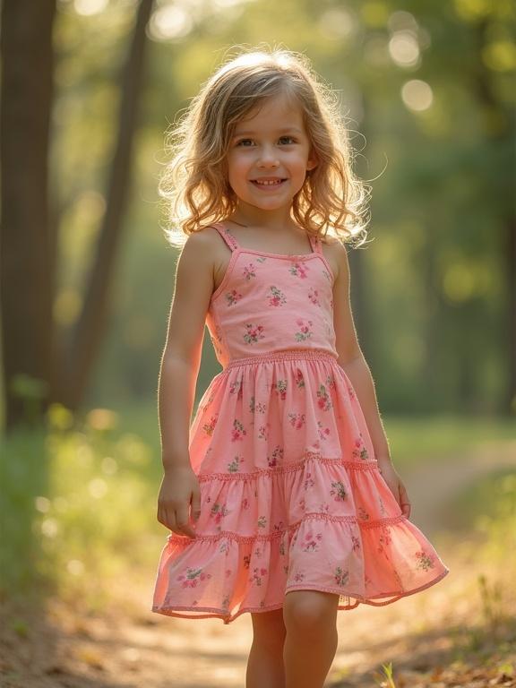 A young girl stands confidently on a path in a lush green park. She wears a lovely pink sundress with floral designs. Sunlight filters through the trees, highlighting her carefree spirit. The environment feels warm and inviting. The girl conveys joy and innocence as she poses naturally.