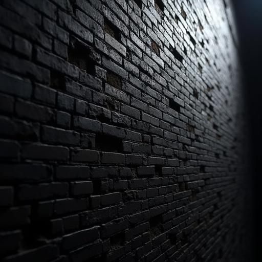 A towering wall constructed from black bricks. White light surrounds the wall. Some bricks are missing, allowing light to shine through.