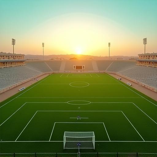 Distant horizon shot of a football stadium featuring a rich green artificial turf field marked with precise white lines. The center circle penalty boxes and goal areas are present. White football goals are at each end. Stadium set in sandy desert environment with low buildings visible. Stands appear simple. Tall white light poles around pitch. Epic sunset light on horizon with minimal shadows. Overall perspective has pitch centered. Color palette includes turquoise, green, yellow, and white.