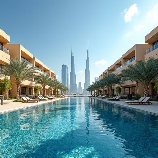 Massive modern style hotel in Dubai with large pool area and city skyline in background.