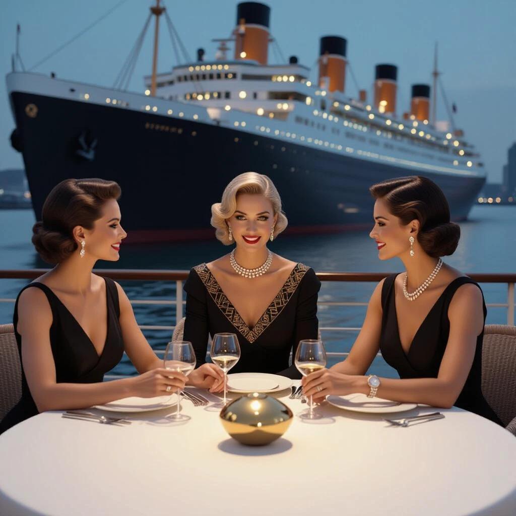 Elegant scene on the upper deck of the SS Normandie. Three graceful women in sophisticated evening wear seated at a round table. Table set with fine dining china. Background features the ship and moonlit ocean.