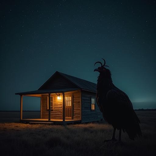 Hyper-realistic night scene featuring an old cabin in the prairie. Dark atmosphere with glowing stars in the night sky. Kitchen light spills from back door illuminating surroundings. A giant great horned owl roosts near the porch.