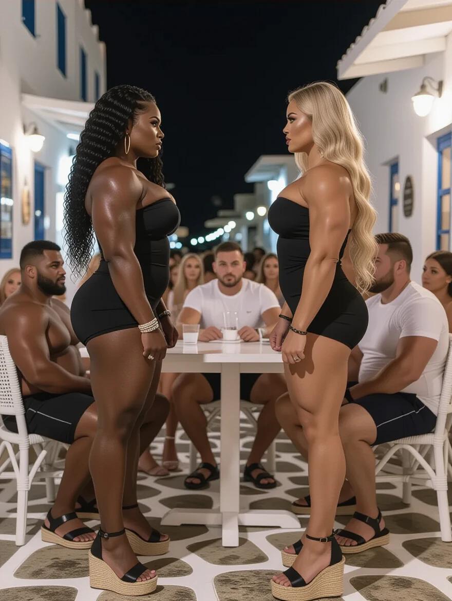 Two enormous bodybuilder women face each other closely. One is an African woman with long curly black hair. The other is a Scandinavian woman with long wavy blonde hair. Both wear tight black dresses and espadrille heels. The setting is a Mykonos tavern at night with bystanders looking on.