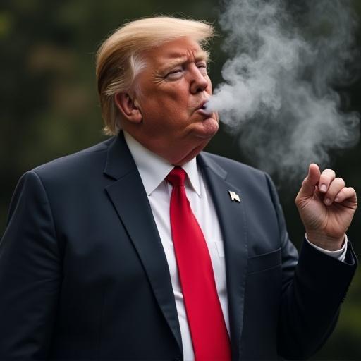 Man with blonde hair wearing a suit and red tie smoking. Light gray smoke emanating from mouth. Outdoor environment with blurred background.