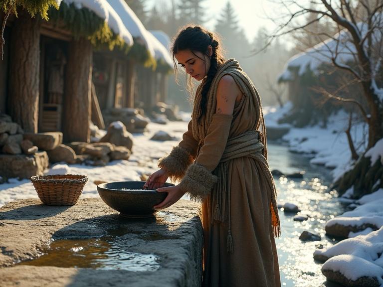 Photorealistic scene depicting a young woman from a northern post-apocalyptic Bronze Age village beside a stone aqueduct. She washes clothes on a smooth stone slab using ash soap. Late spring morning with patches of melting snow in a cold northern climate. Sunlight filters through behind her, casting a warm glow. She wears layered clothing with fur and leather accents. Background includes woven baskets, mossy huts, and decorative totems. Image rich in details and textures.