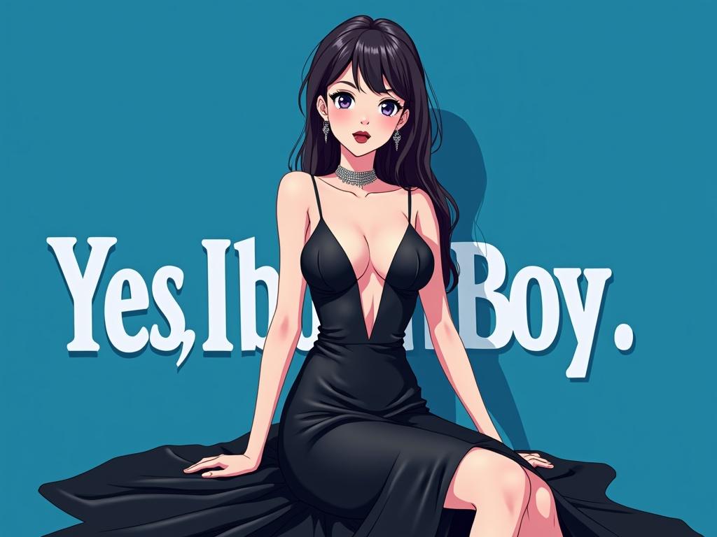 Vibrant anime-style illustration features a woman in a black gown against a blue background. Character has large expressive eyes and sleek anime features. She's adorned with silver jewelry and dramatic makeup. Pose is confident, sitting upright and gazing forward. Text overlays read 'Yes, I born boy. But does it really bother you?' in large white letters. Composition uses cel shading and sharp linework typical of contemporary anime.