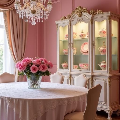 A pink, gold and white rococo dining room features an elegant table and chairs. A crystal chandelier hangs overhead. On the table, a vase holds pink roses, complemented by a lace tablecloth. A beautiful china cabinet displays pink rose print china.
