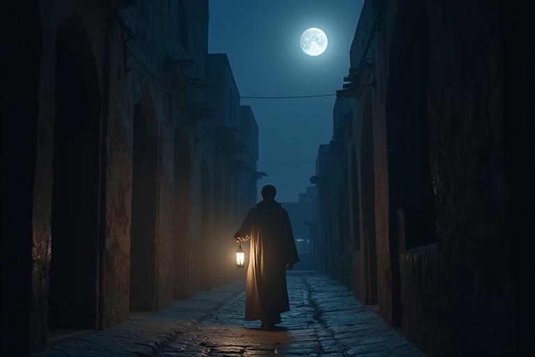 Scene of a narrow street at night illuminated by moonlight. A figure in simple robes walks alone holding a lantern. The street is quiet with no guards or luxury. Soft wind blows through the empty street. The atmosphere conveys concern and deep reflection. The setting is a tranquil Islamic city, capturing a 3D cinematic tone.