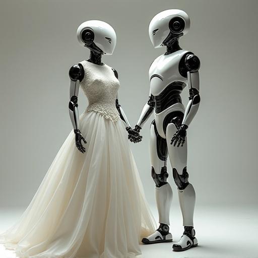 Couple of robots standing together. Robots wear elegant white wedding dress. Robots hold hands. The scene captures a modern wedding theme.