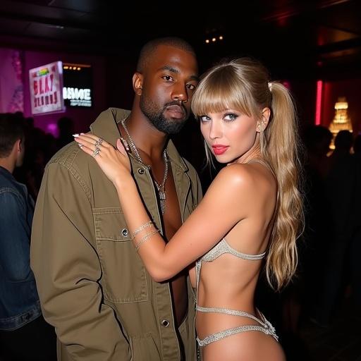 Nightclub scene captured featuring a couple closely together. Woman has blonde bangs and long twintails. She's wearing a small bikini top and a tight miniskirt. The man is an older black rapper holding her close. Atmosphere reflects nightlife fashion and vibes. Woman displays a sign about blondes and rappers.