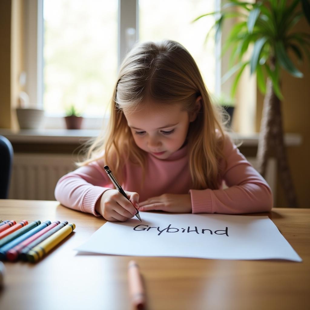 Little girl sitting at a table writing her name on paper with crayons nearby.