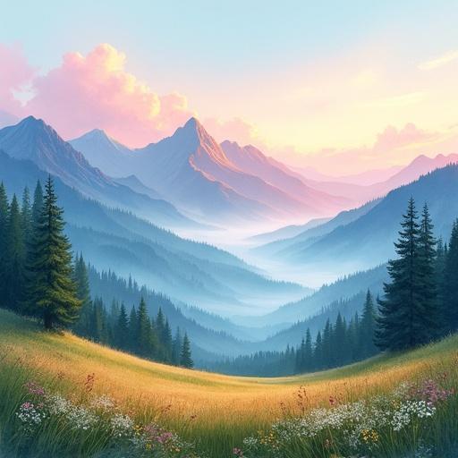Breathtaking landscape showcases rolling mountains in pastel hues at dawn. Pink and blue skies reflect early light. Mist weaves through lush trees. Open meadows carpeted with wildflowers sway in the breeze. Scene evokes tranquility inviting crisp air and soft birdsong. Illustration style captures ethereal beauty.