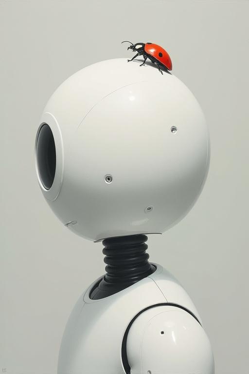 Minimalist head closeup of a faceless android with a single red ladybug on top. The dome is pale gray, focusing on the contrast between the android and the ladybug. Background has soft shadows and muted textures. Emphasizes themes of isolation and absence.