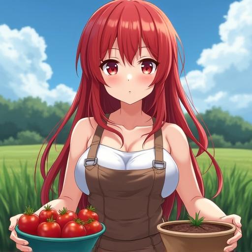 Anime girl works as a farmer with red eyes and red hair. She holds a basket of tomatoes in one hand and a plant in a pot in another hand. The background features a green field and a clear blue sky. The character has a cheerful expression.
